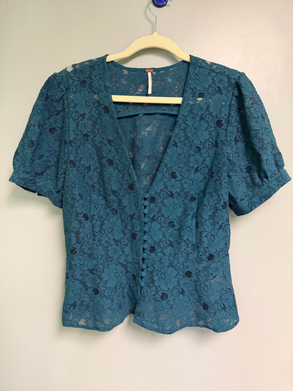 Free People Teal Lace Button-Front Blouse